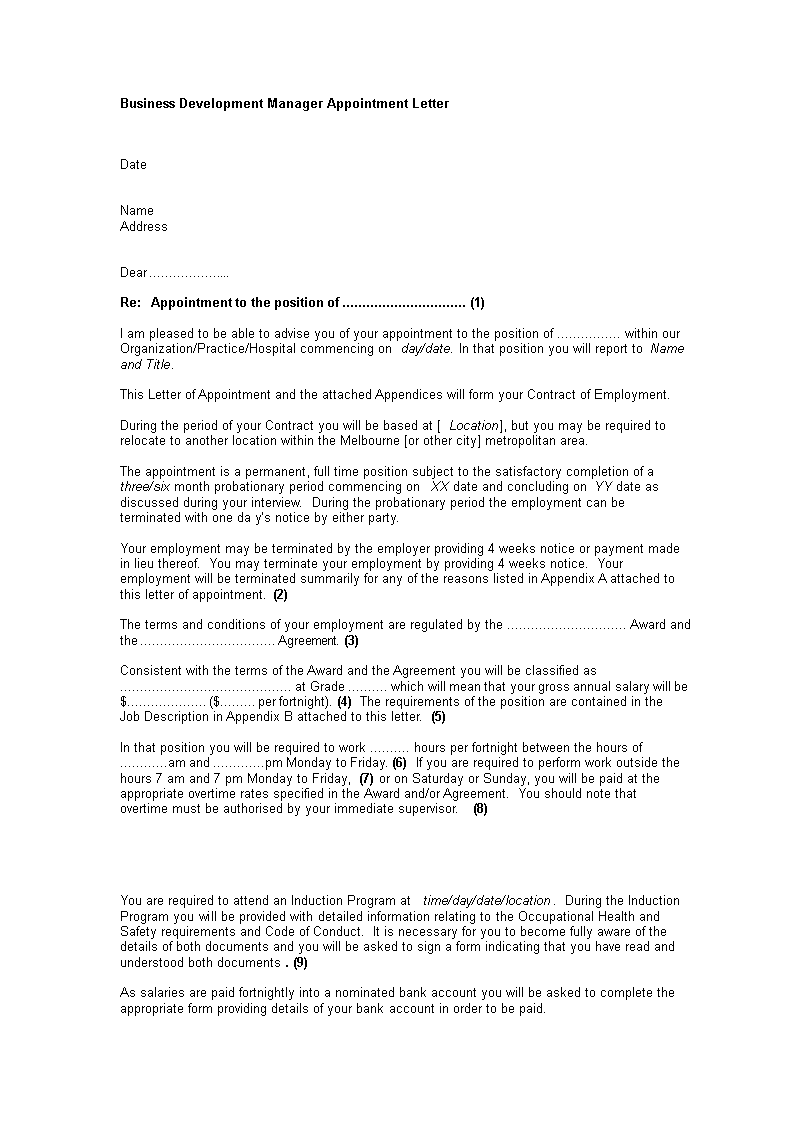 business development manager appointment letter template