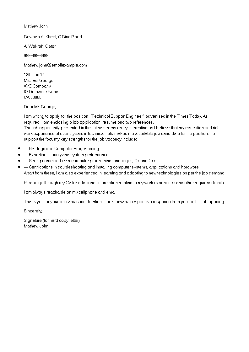 junior technical support cover letter