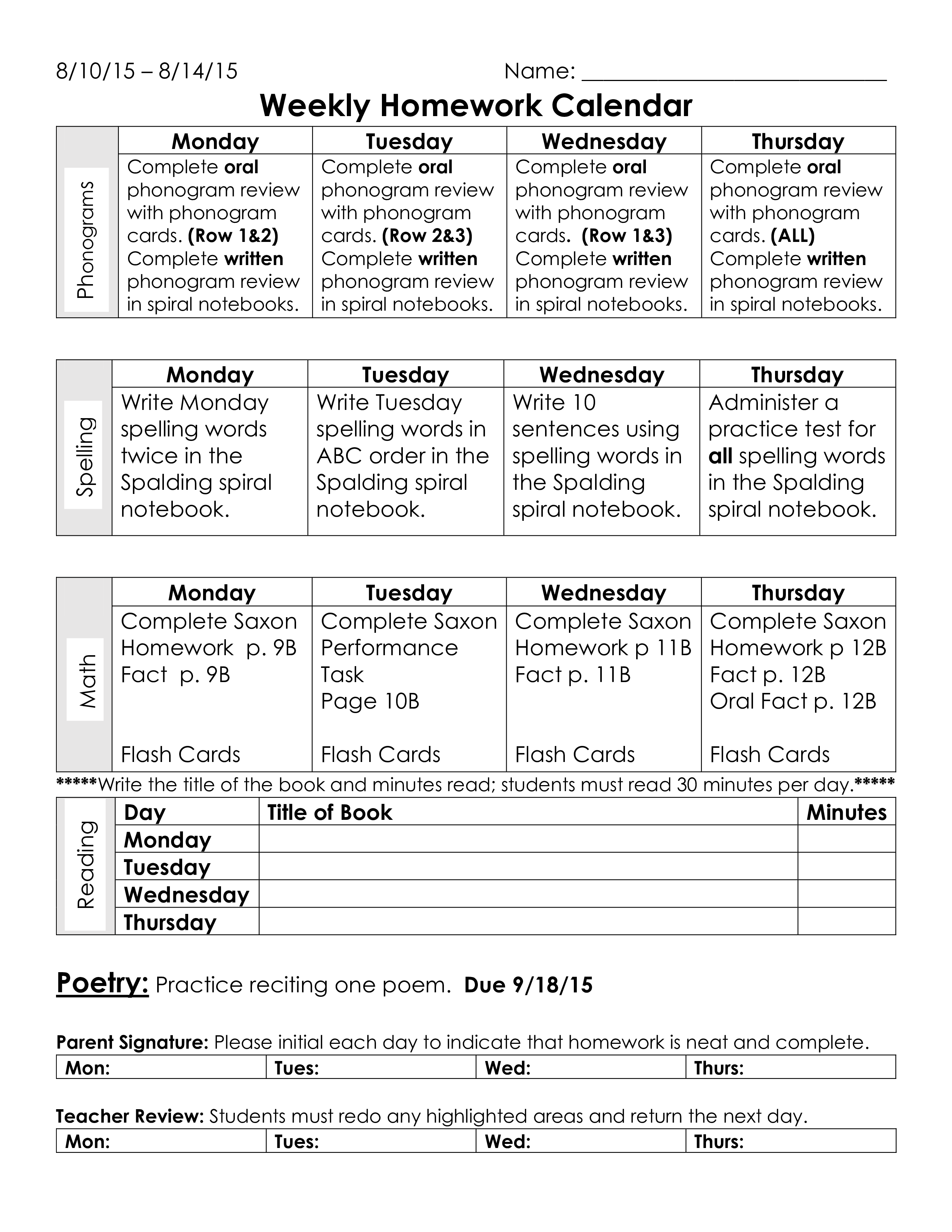 weekly homework calendar voorbeeld afbeelding 