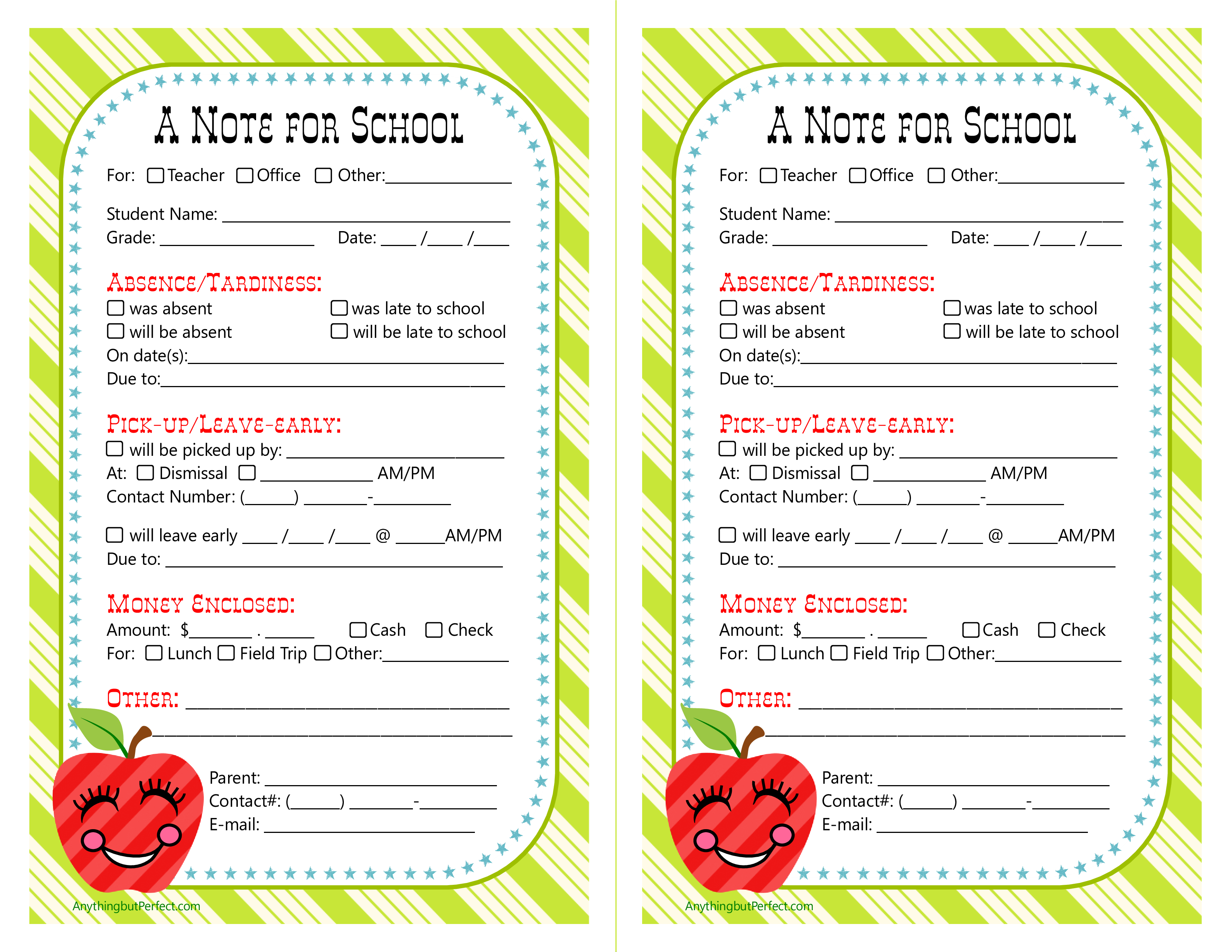 Kostenloses Printable Parent Note Form Pertaining To Parent Note To School Template