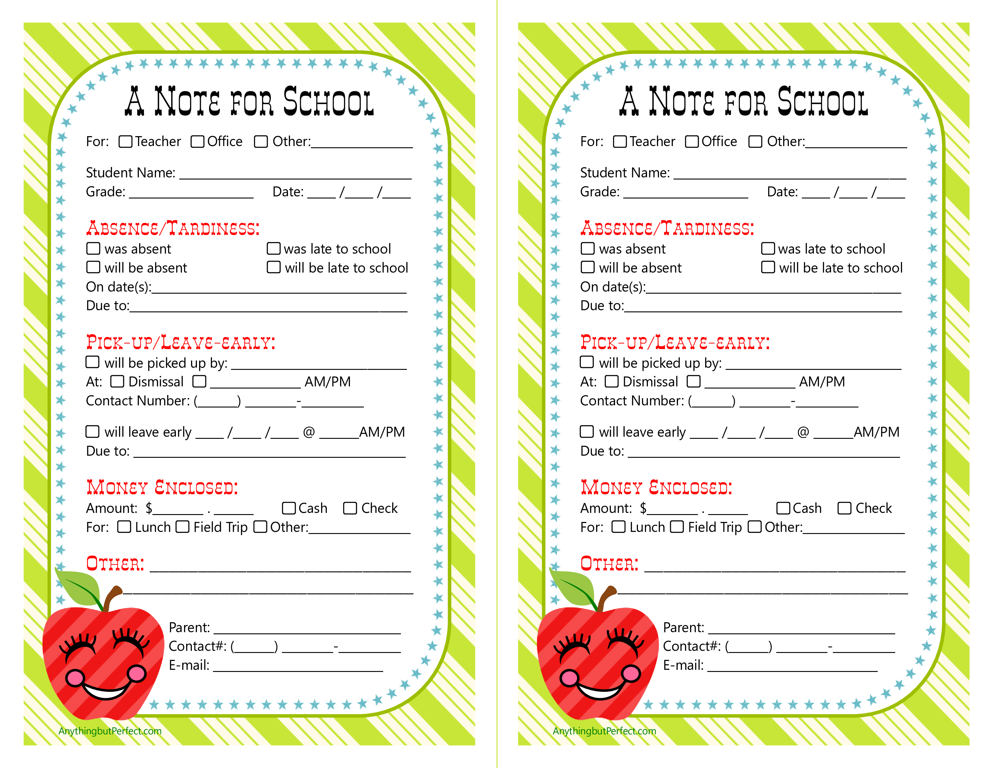 printable parent note form modèles