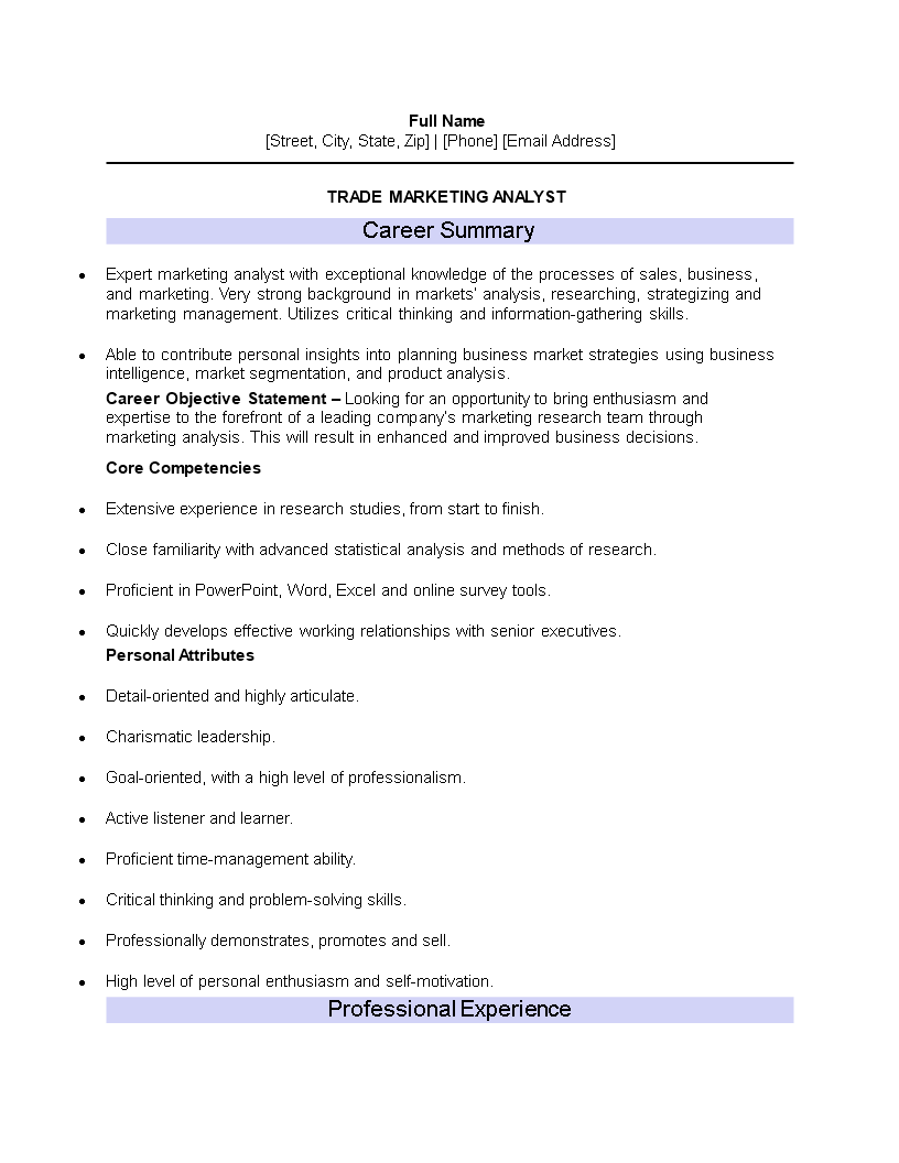 Trade Marketing Analyst Resume 模板