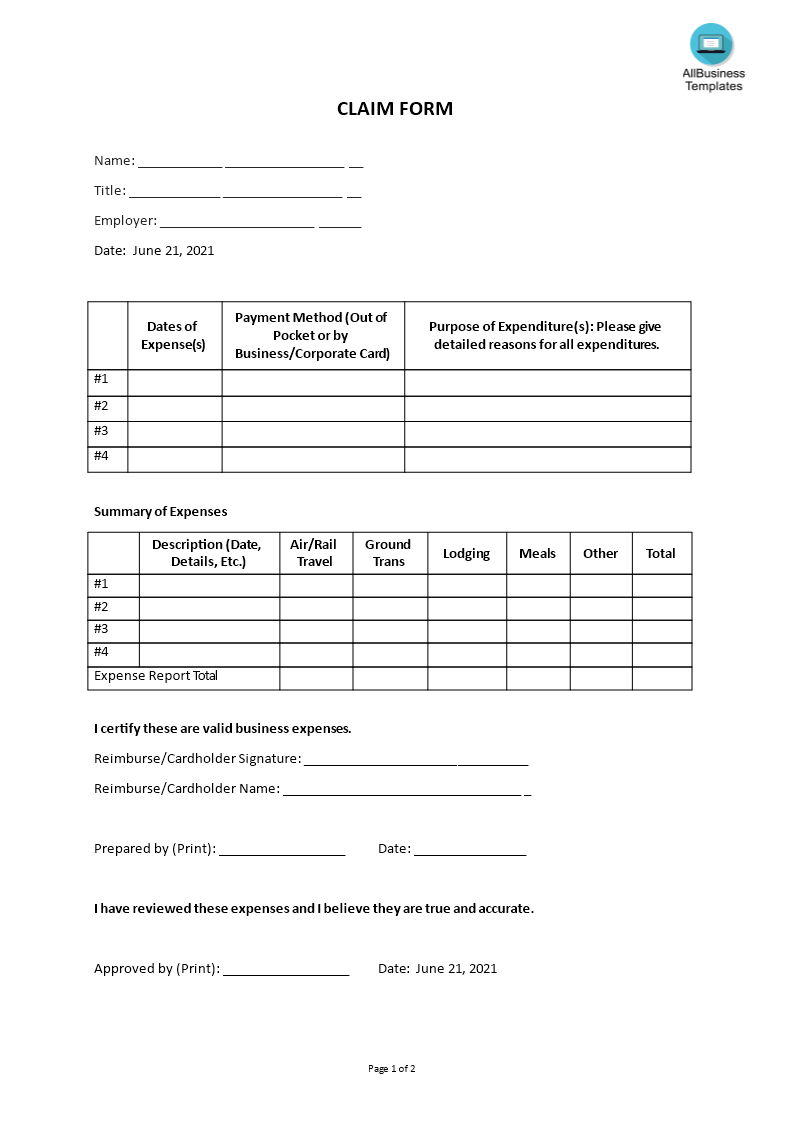 Printable Claim Form 模板