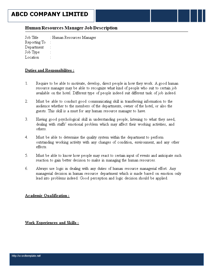 human resources manager job description template