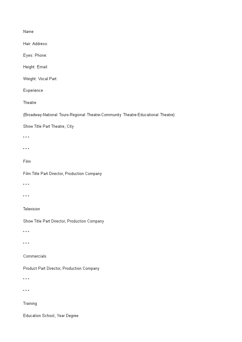 blank theatre resume template