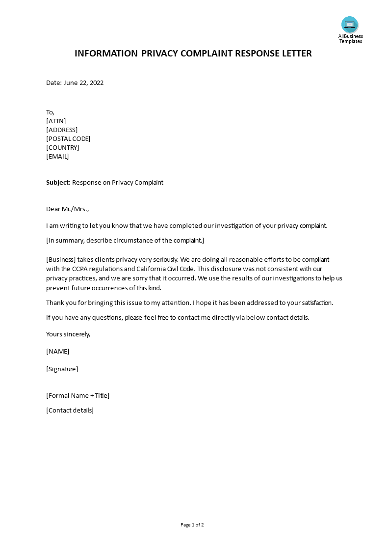 ccpa privacy complaint response letter template