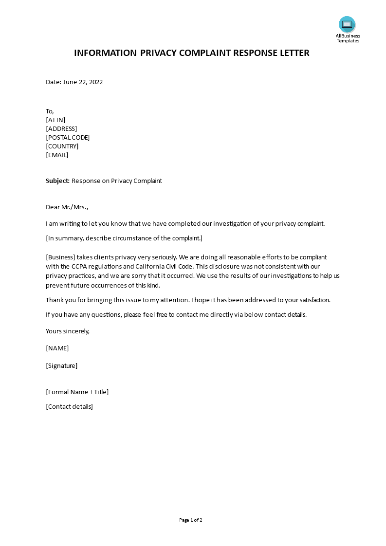 ccpa privacy complaint response letter modèles