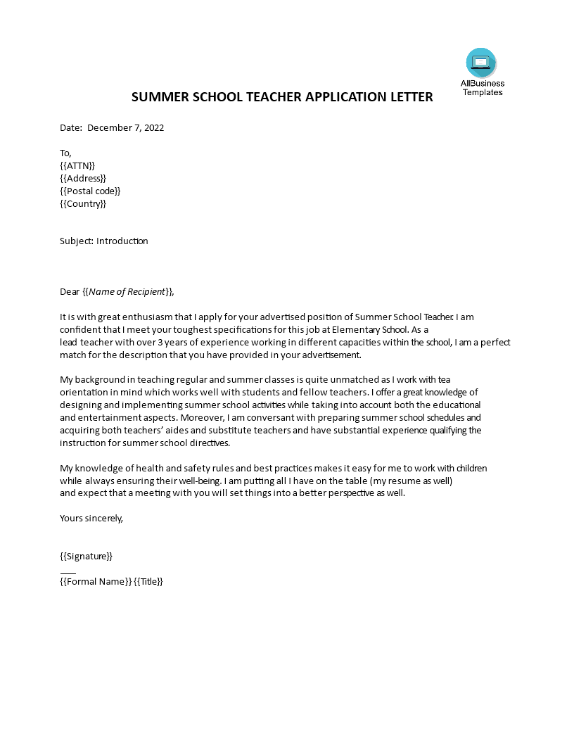 Summer School Teaching Job Cover Letter main image