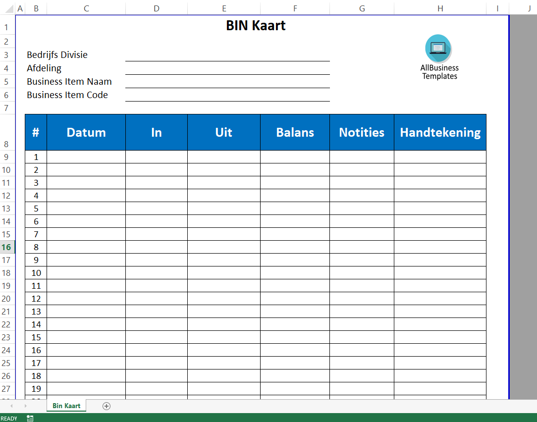 BIN Kaart Excel Werkblad 模板