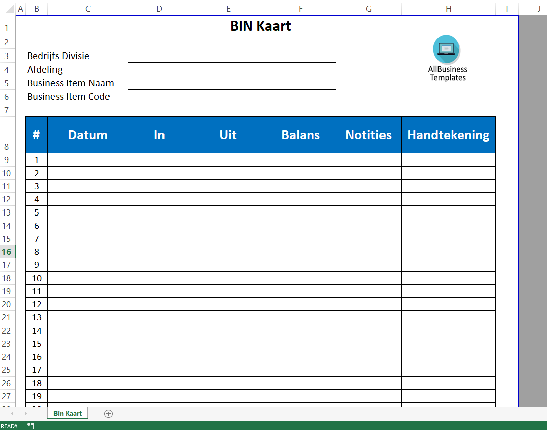 bin kaart excel werkblad template