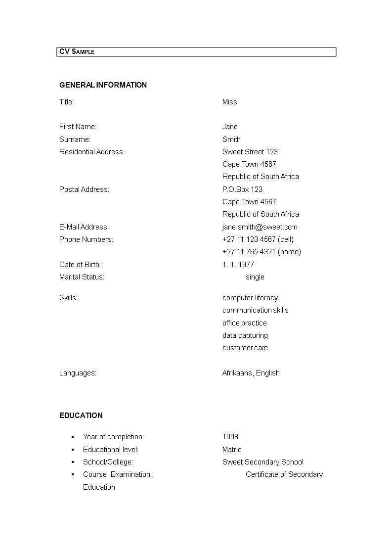 resume simple format word in word