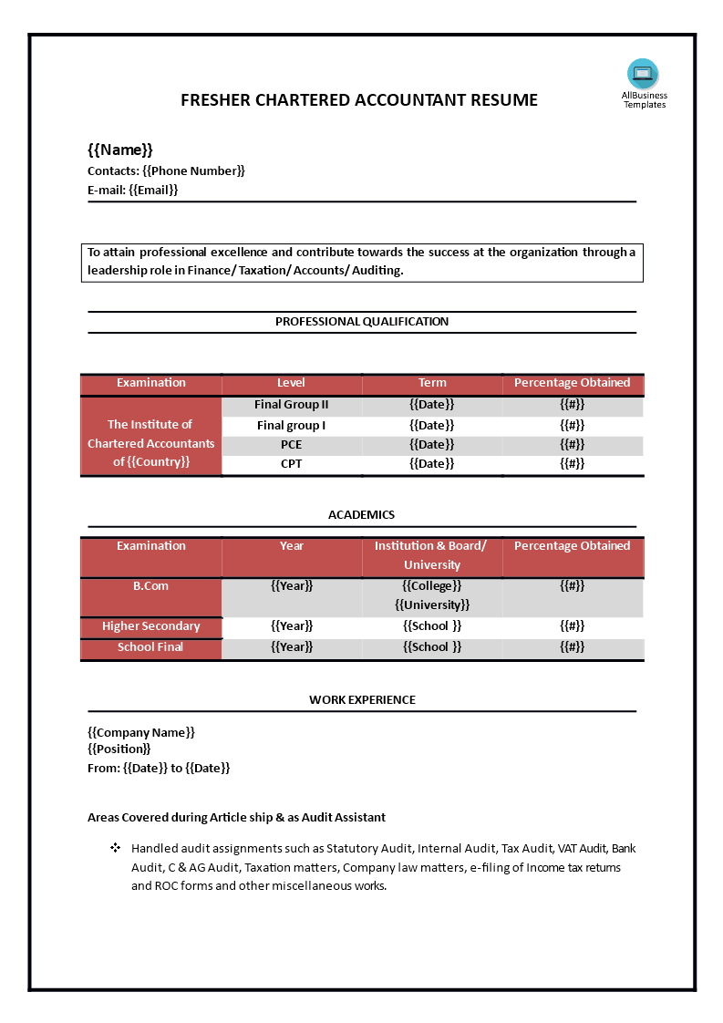 fresher chartered accountant resume template