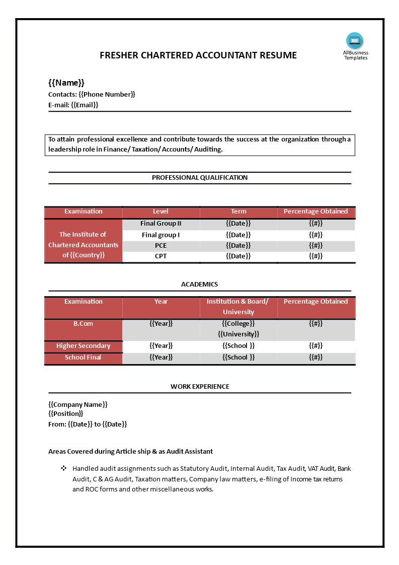 fresher chartered accountant resume voorbeeld afbeelding 