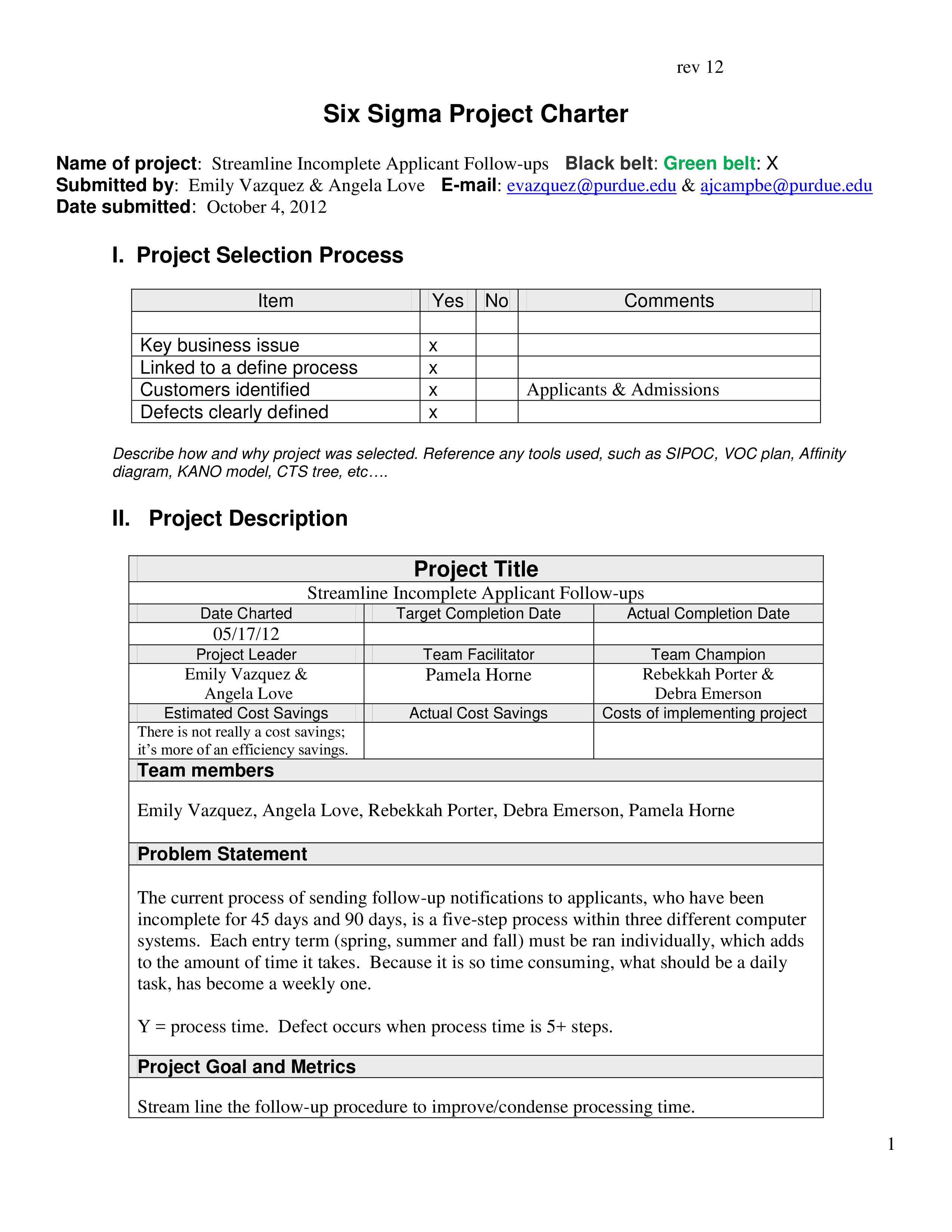 six sigma project charter modèles