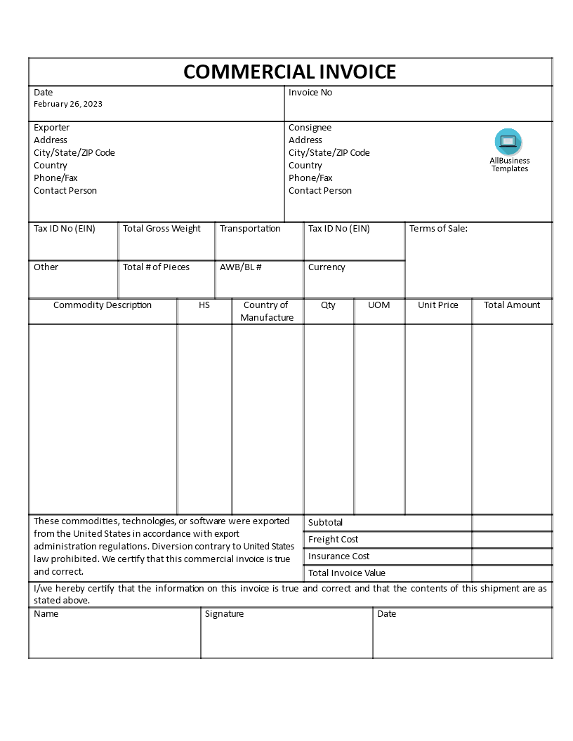 commercial invoice voorbeeld afbeelding 