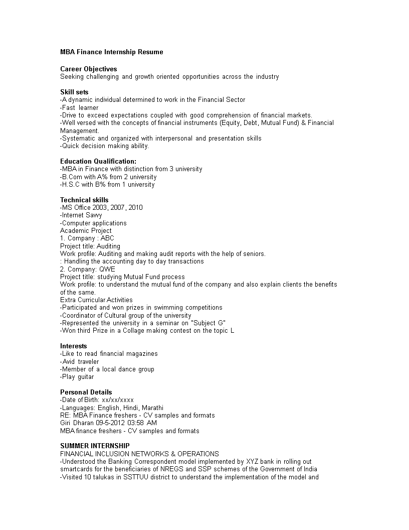 MBA Finance Internship Resume 模板