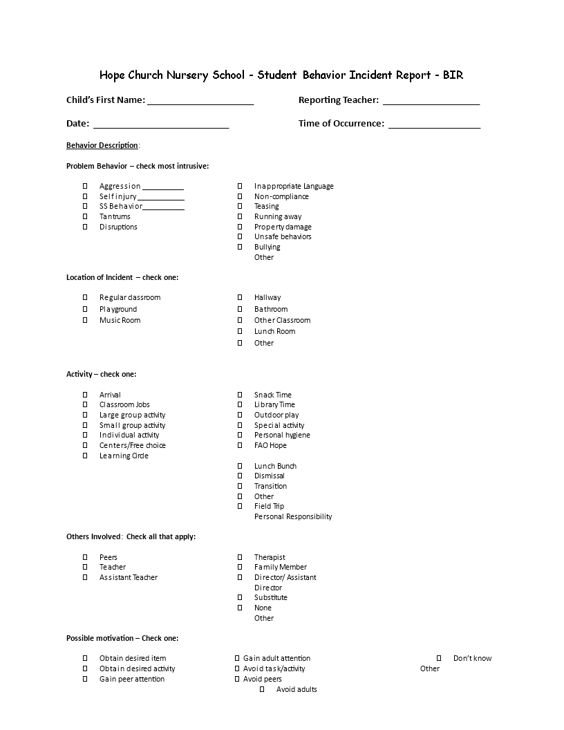 Student Behavior Incident Report 模板