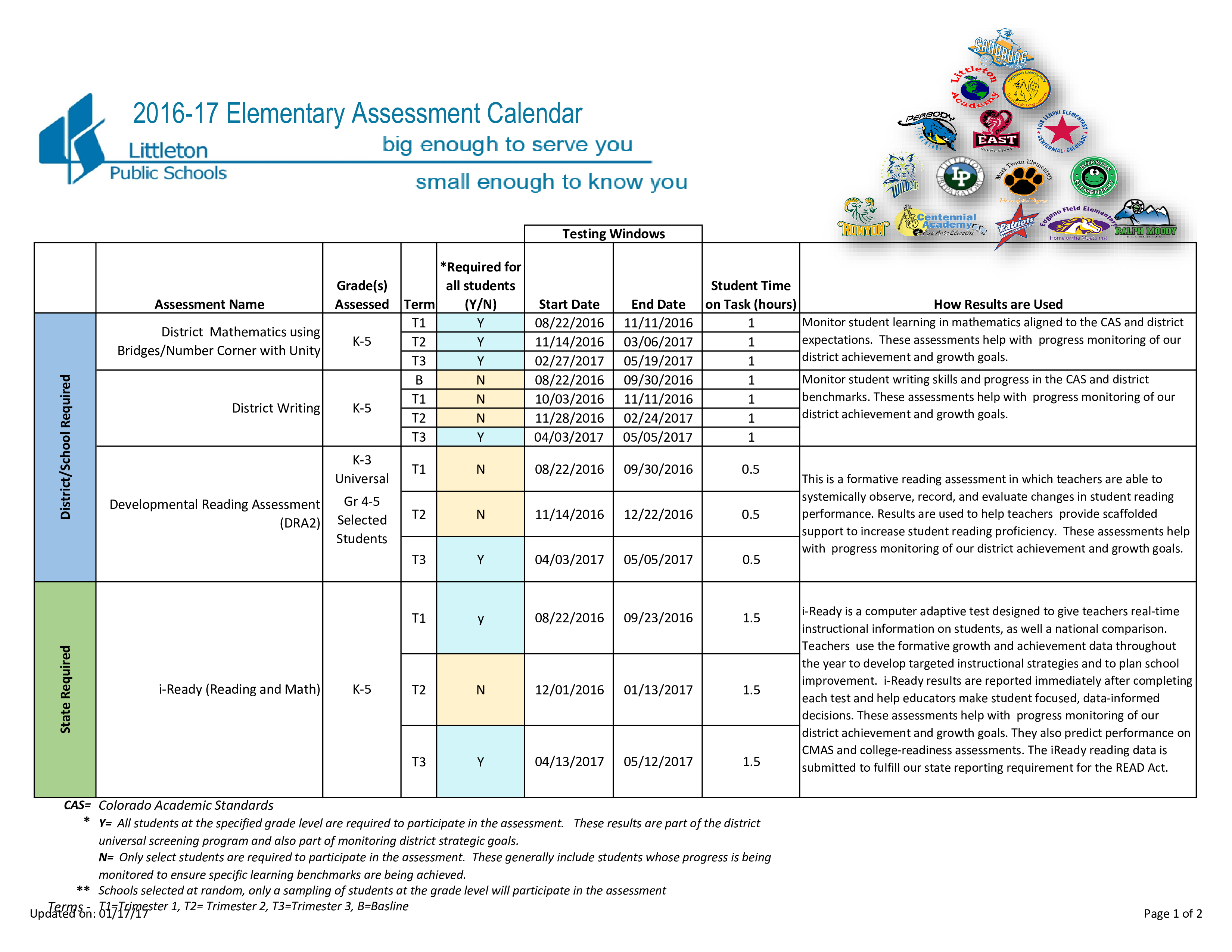 Elementary Assessment Calendar 模板