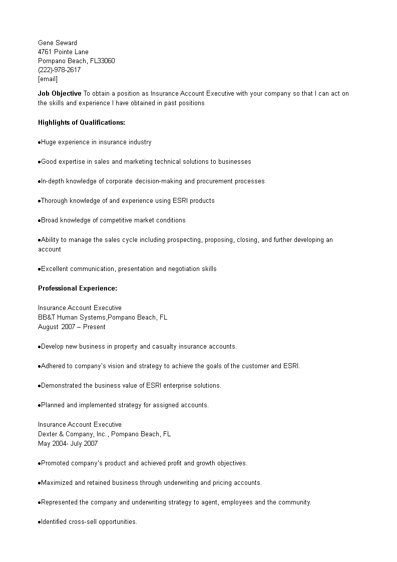 Insurance Account Executive Resume 模板