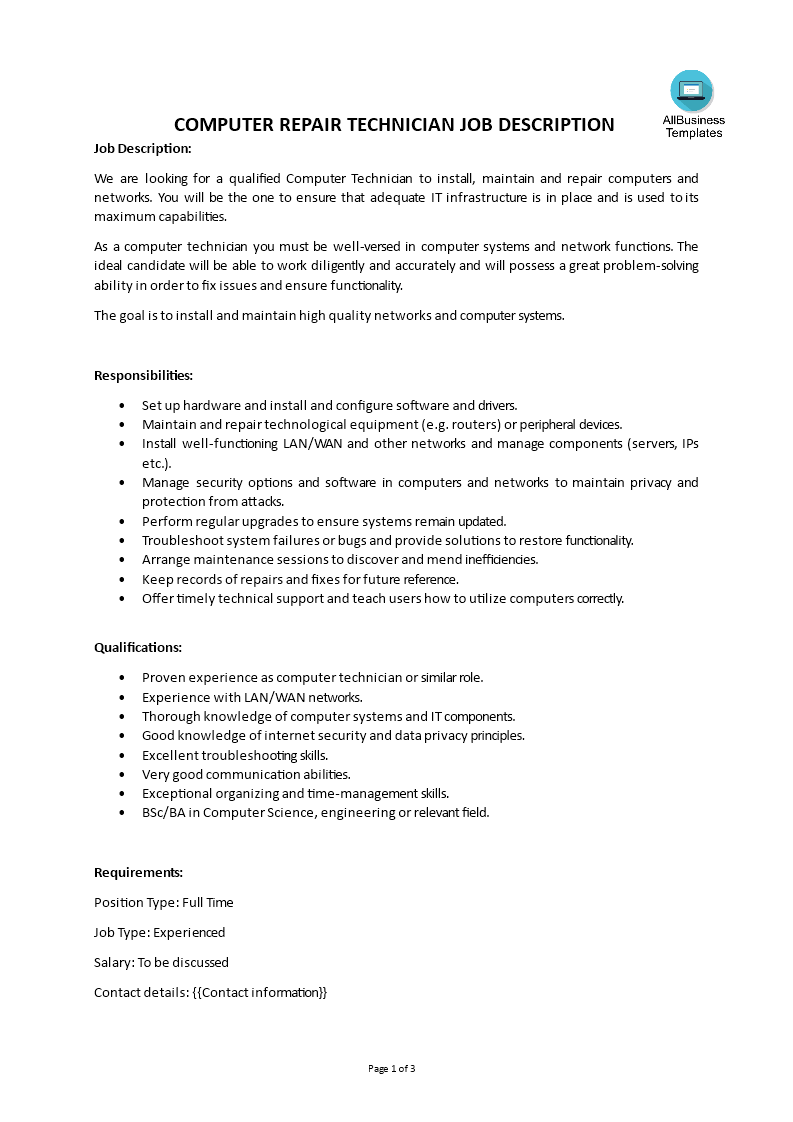 computer repair technician job description voorbeeld afbeelding 