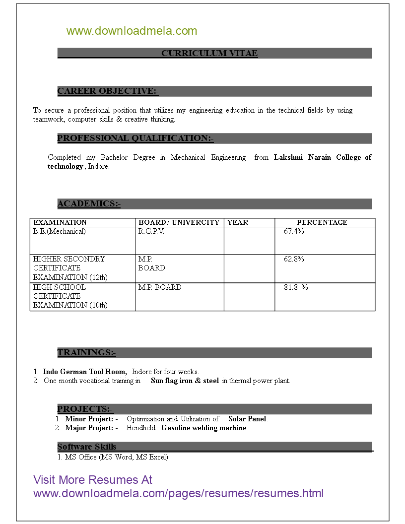 mechanical engineering fresher resume modèles