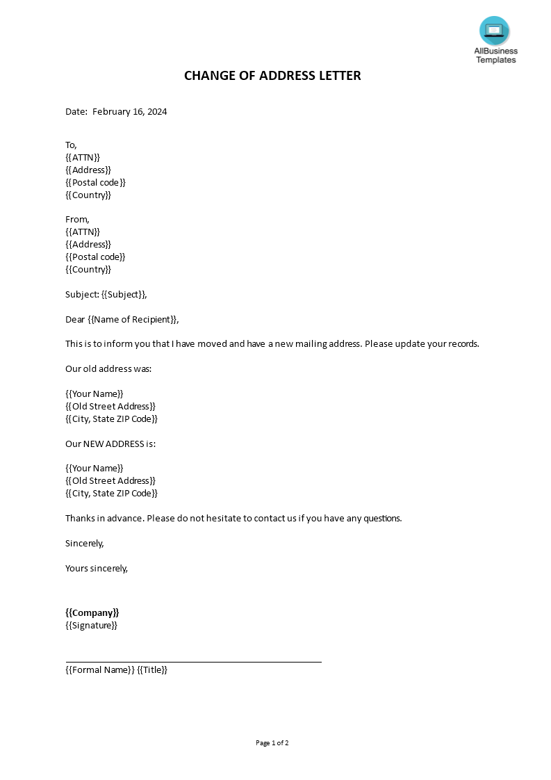 formal letter for change of address format Hauptschablonenbild
