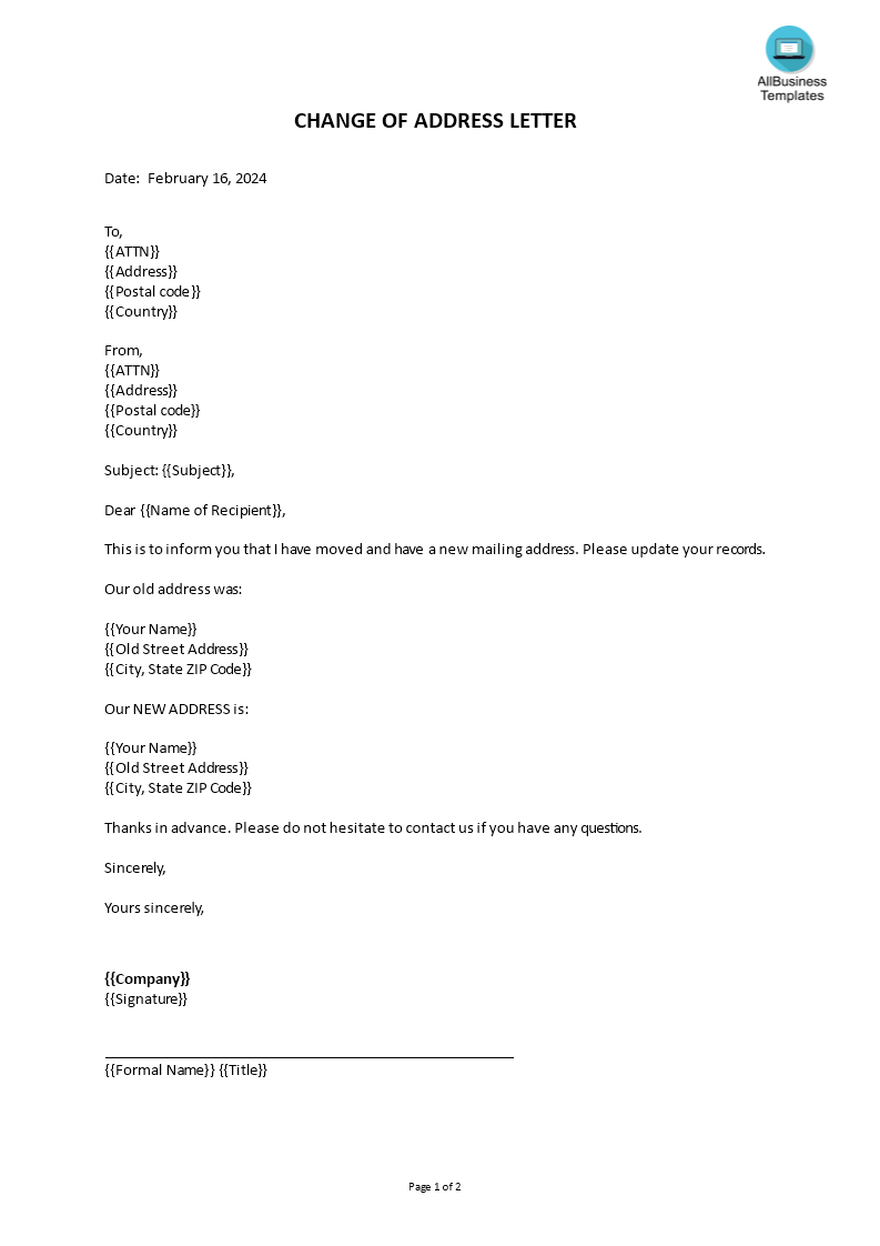 formal letter for change of address format template