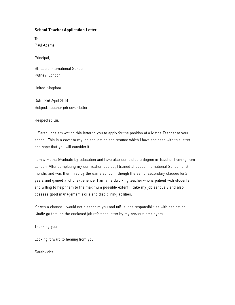 school teacher application letter sample template