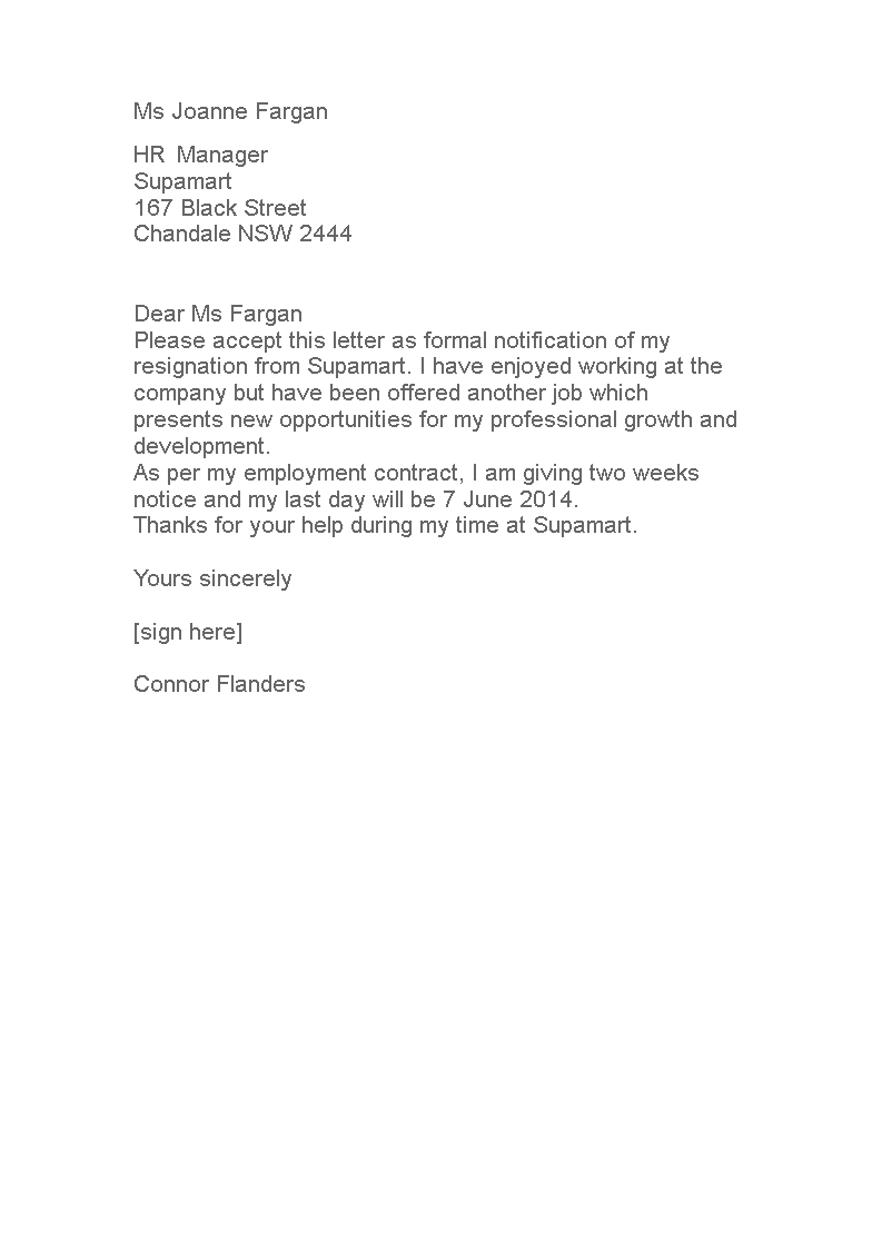 resignation letter retail job template