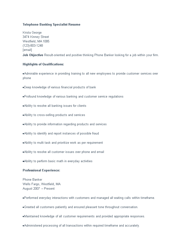 telephone banking specialist resume template