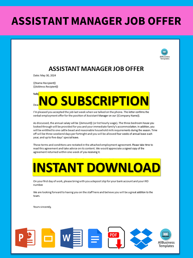 assistant manager job offer template