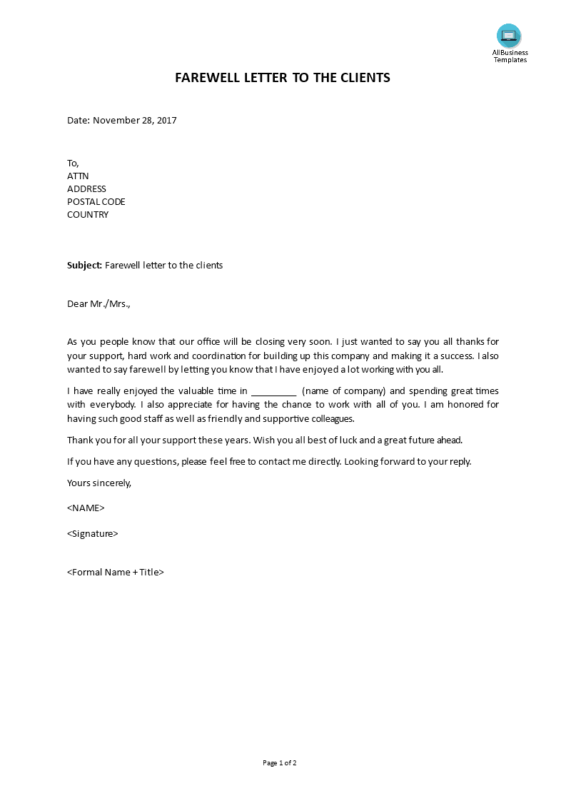 farewell letter to colleagues template