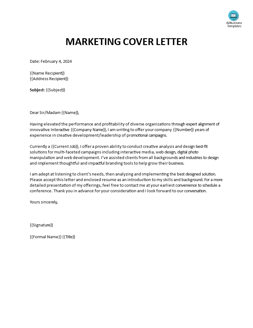 Gratis Marketing Application Letter Template