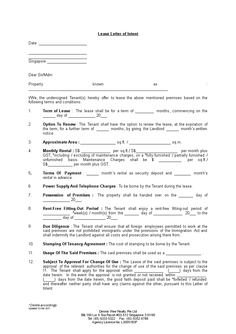 lease letter of intent template