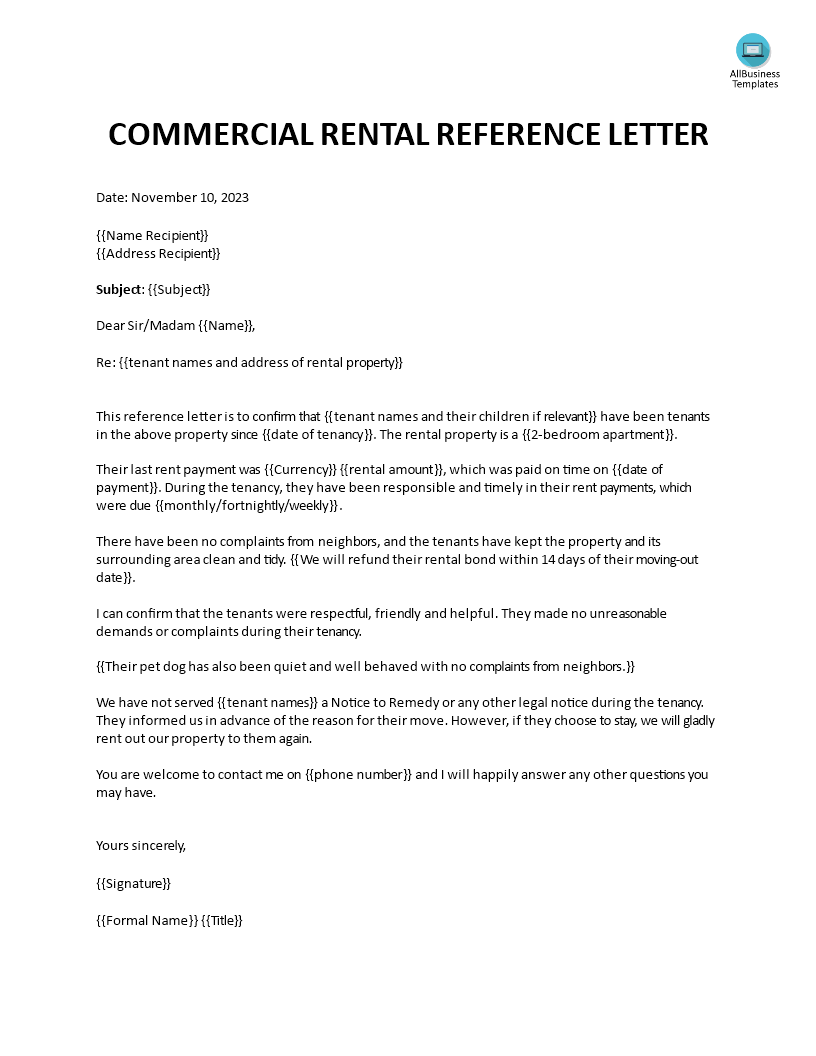 commercial rental reference letter modèles