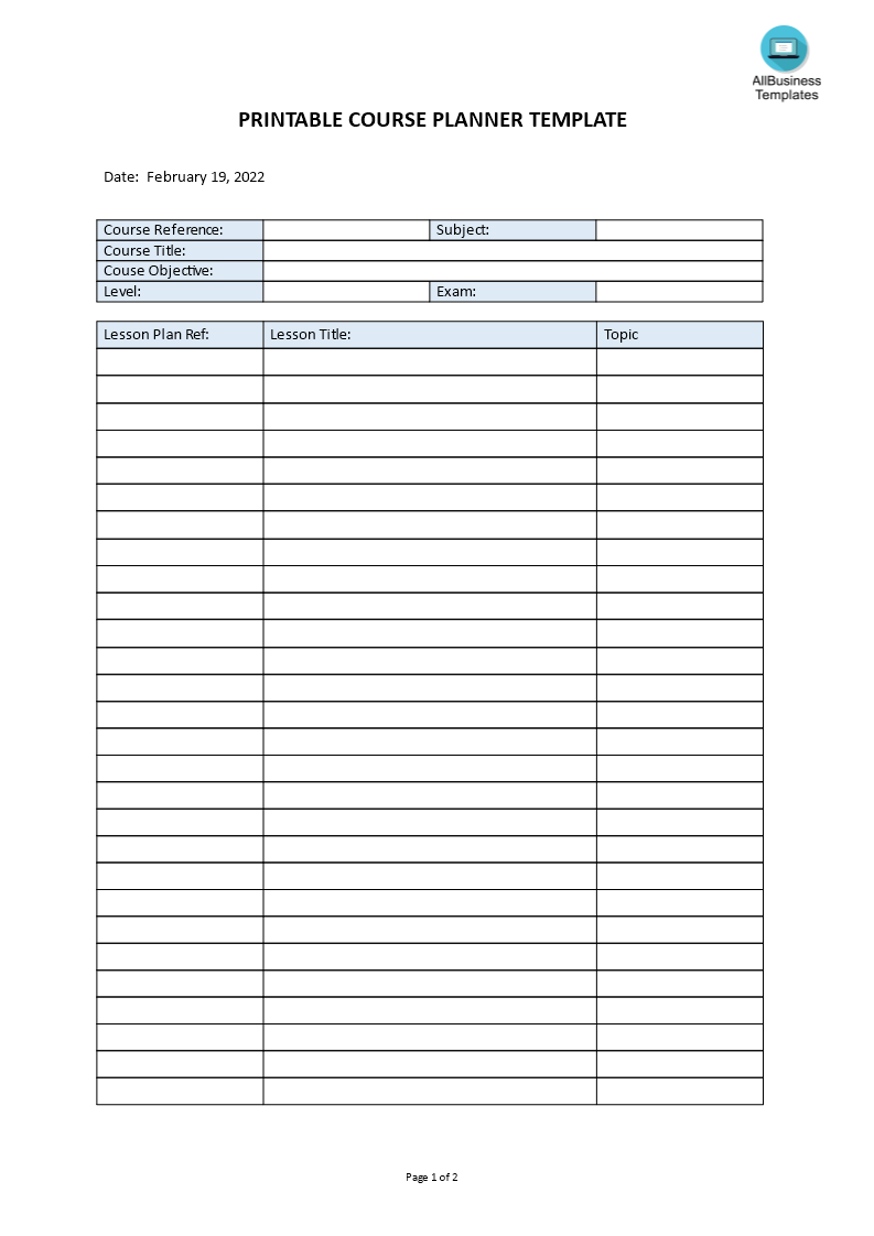 printable course planner template voorbeeld afbeelding 