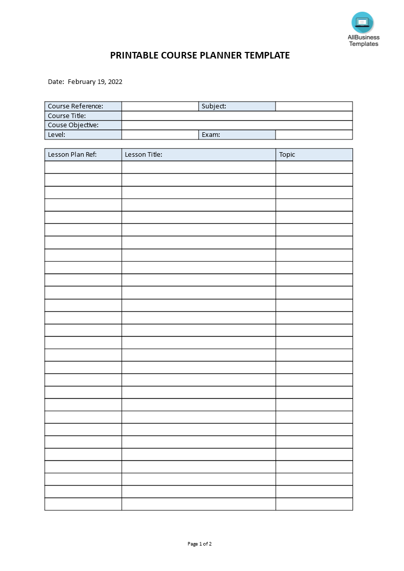 printable course planner template Hauptschablonenbild