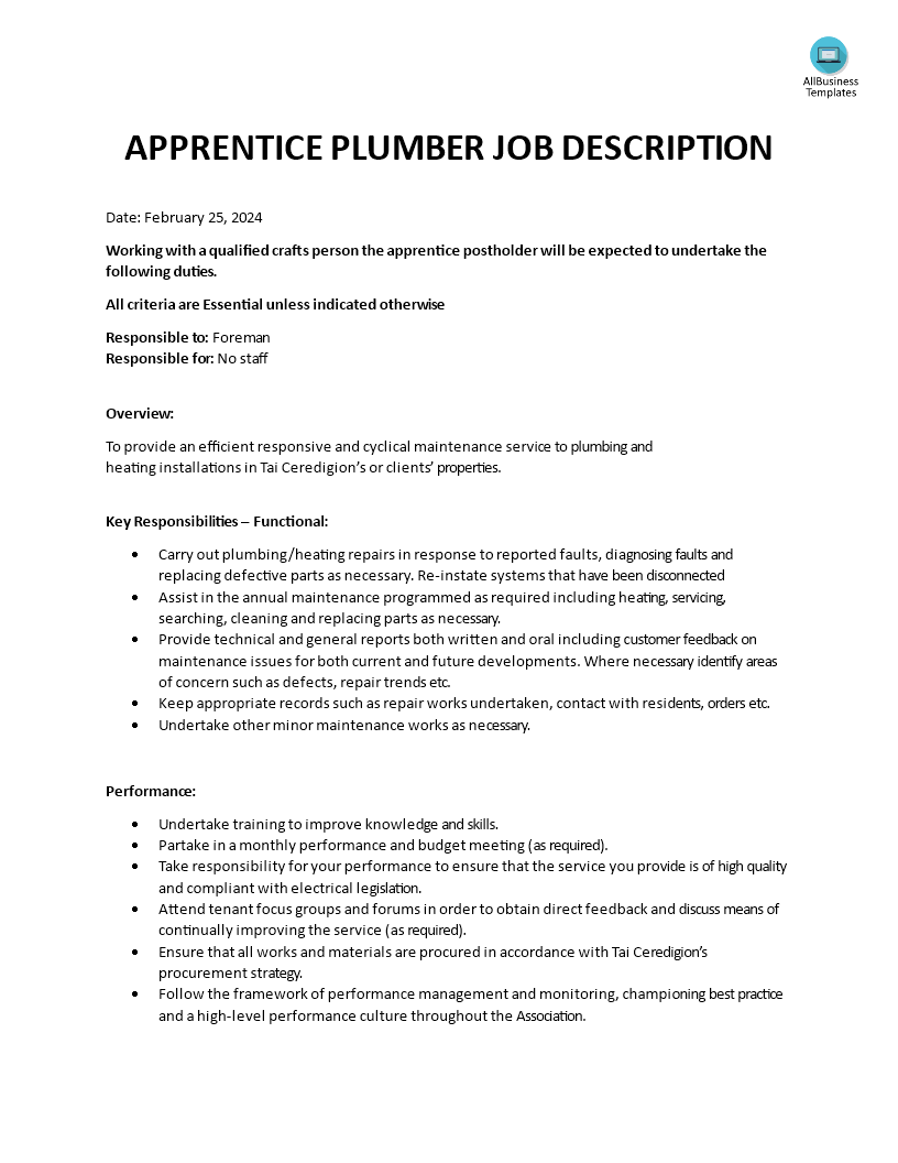 Apprentice Plumber Job Description 模板