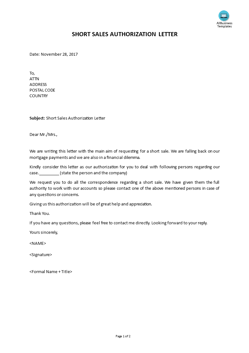 short sales authorization letter template