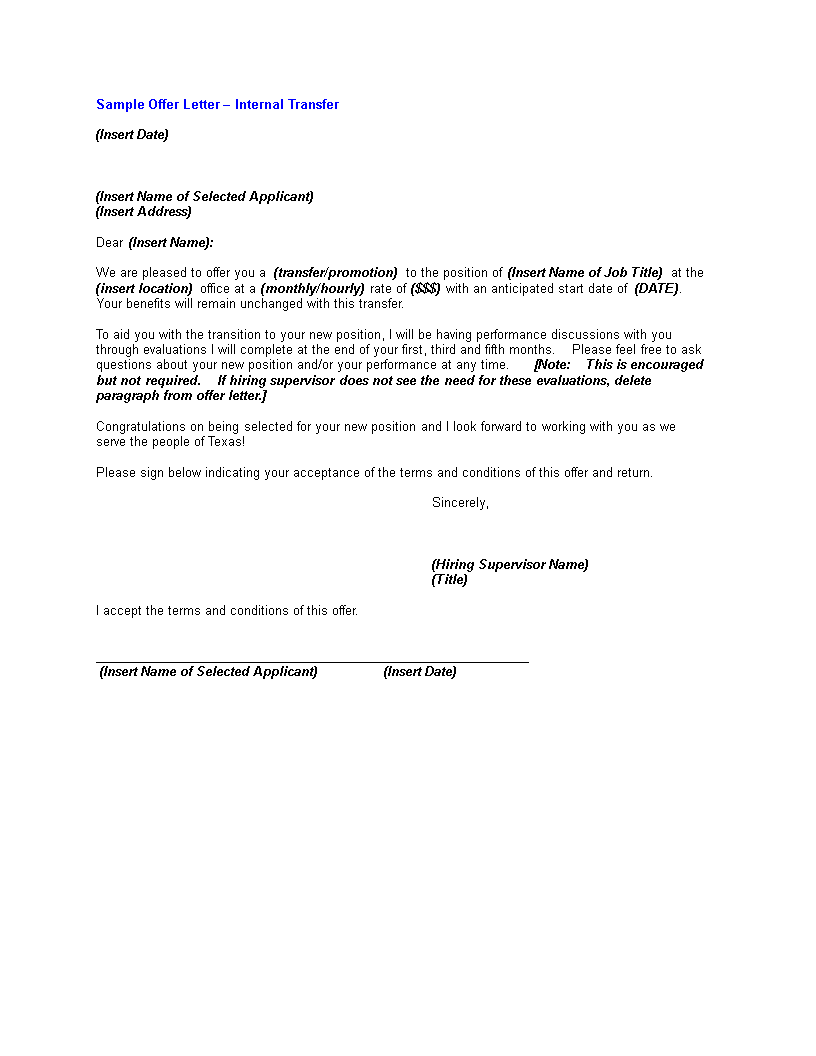 internal transfer offer letter template