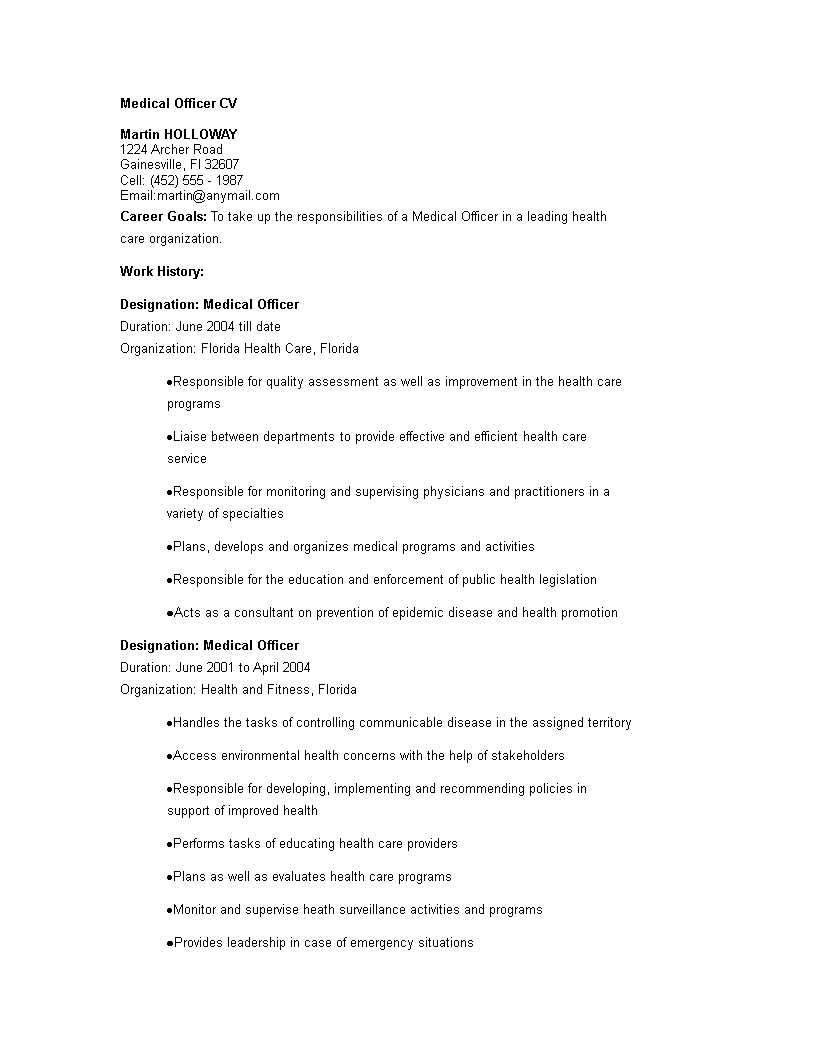 medical officer cv Hauptschablonenbild