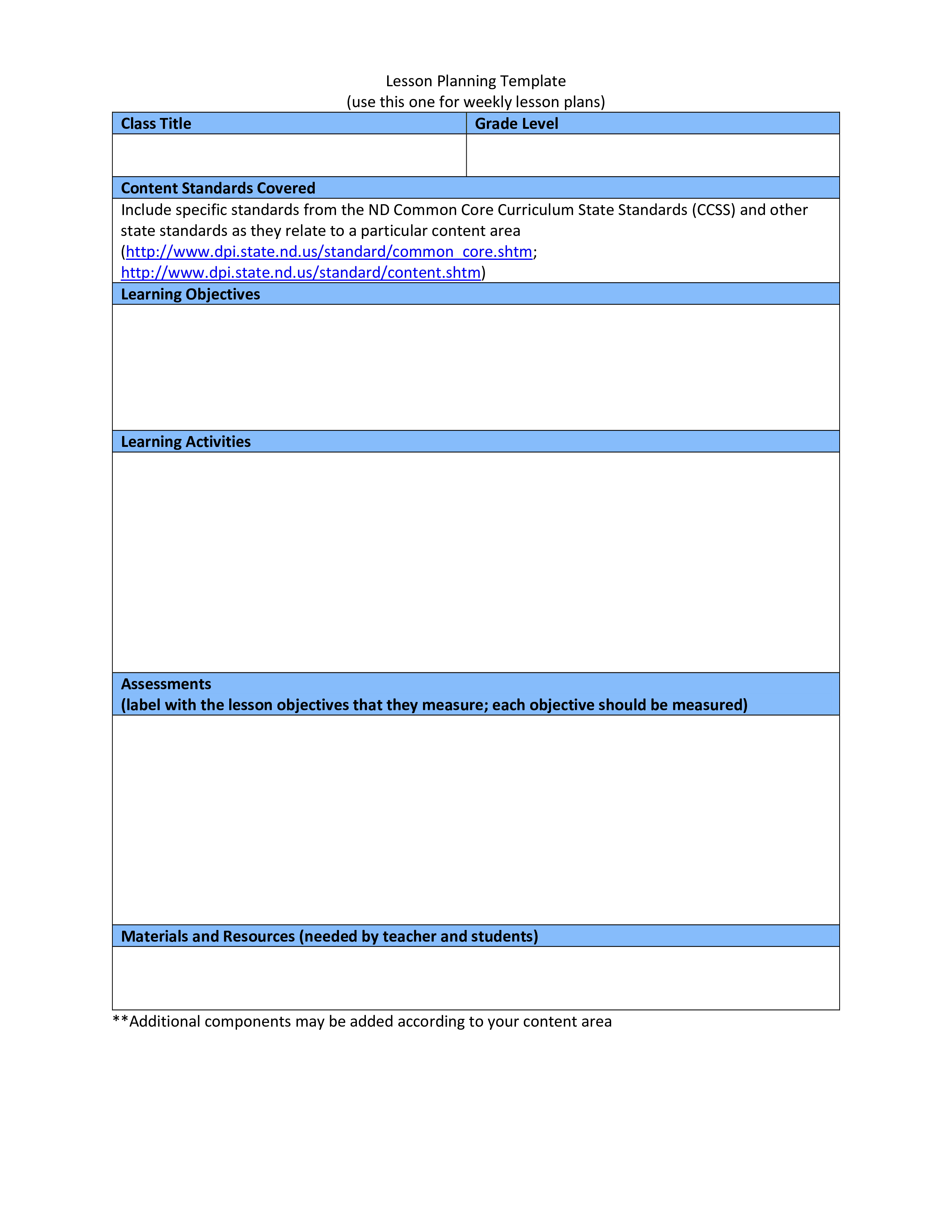 Kostenloses Lesson Plan Template (Weekly) With Regard To Blank Preschool Lesson Plan Template