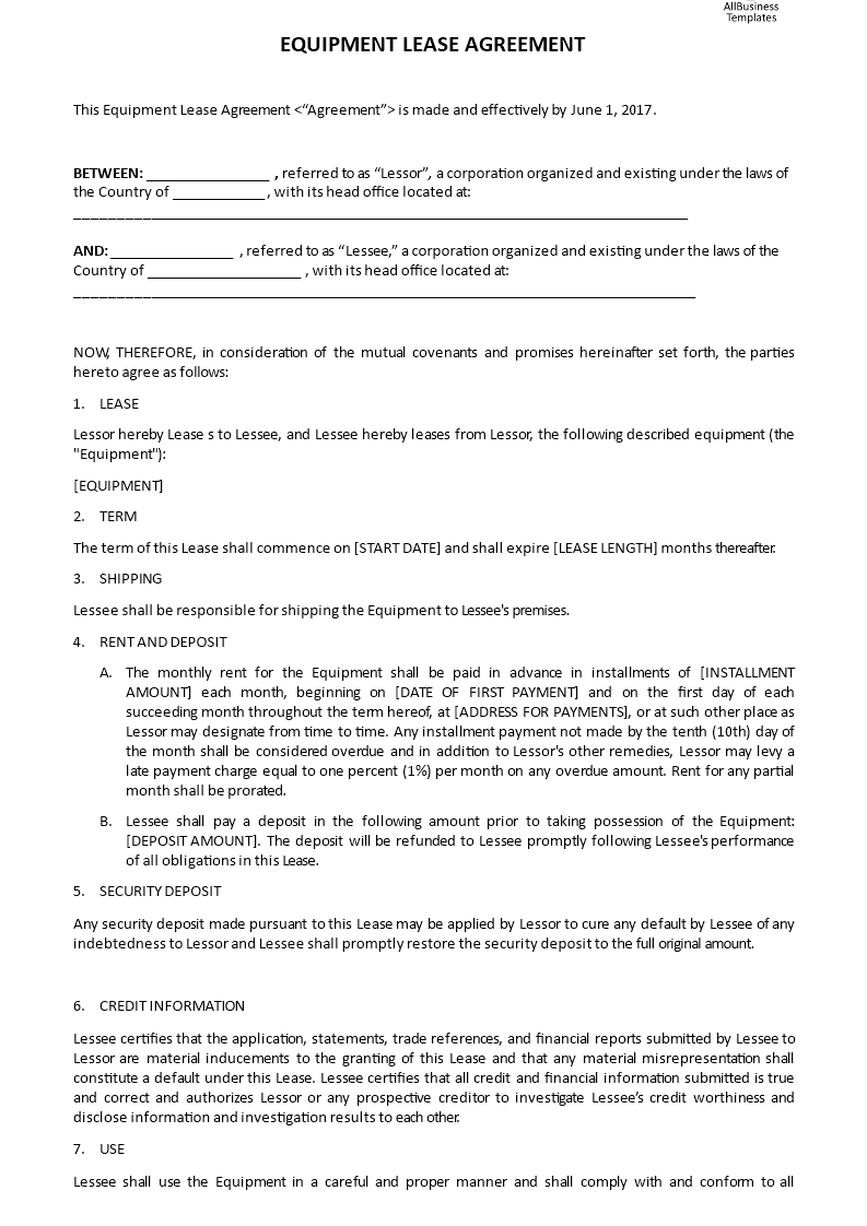 equipment lease agreement template