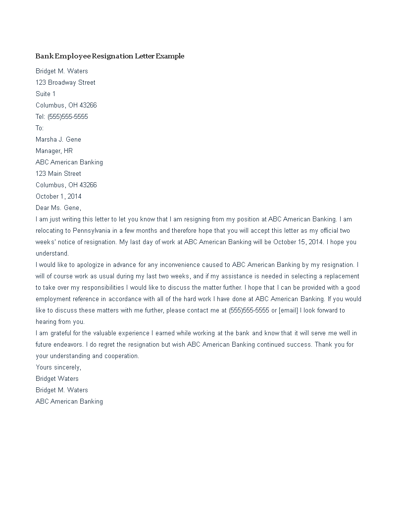 Bank Employee Resignation Letter template 模板