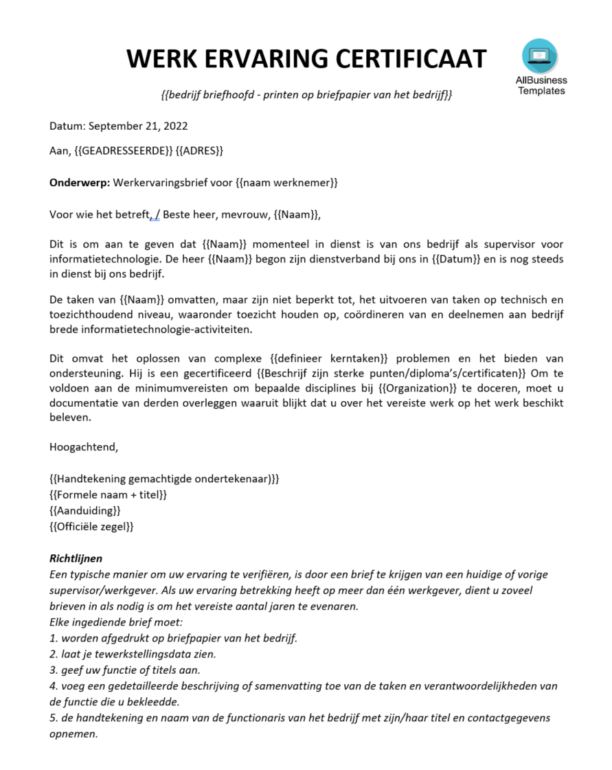 werkervaring certifiaat brief werkgever Hauptschablonenbild