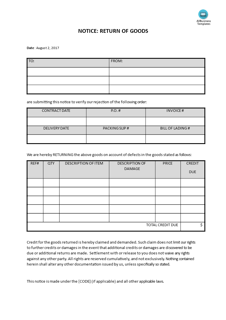 return of goods notification template