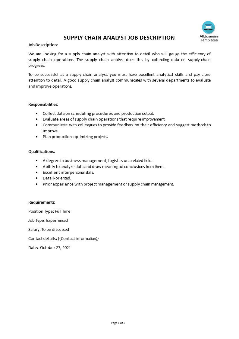 supply chain analyst job description template