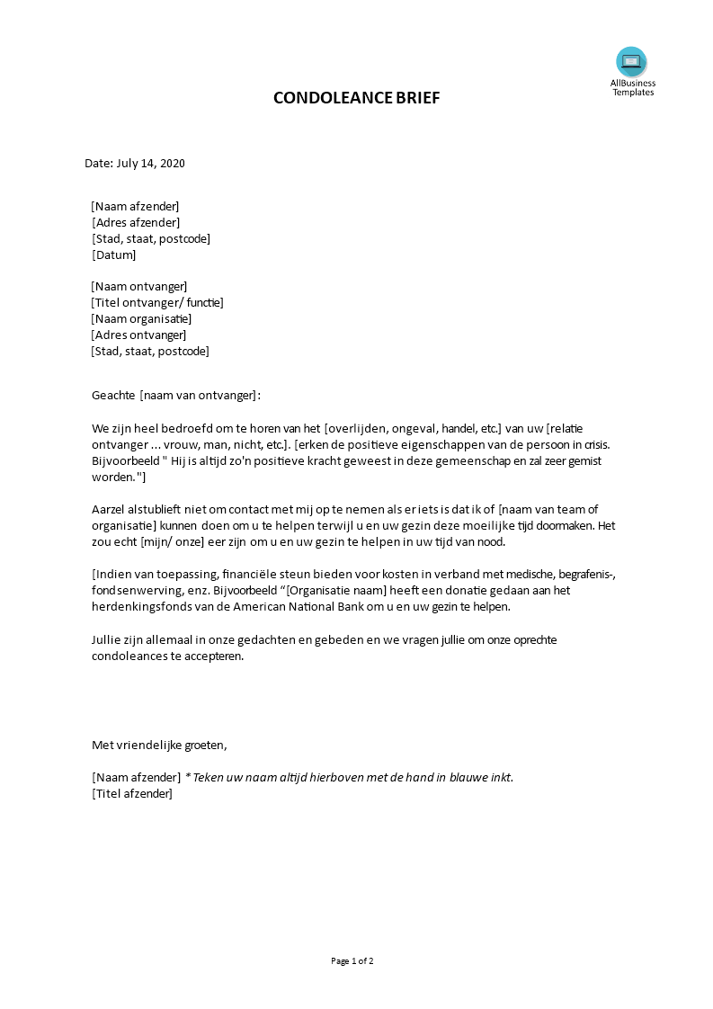 condolence brief voorbeeld afbeelding 