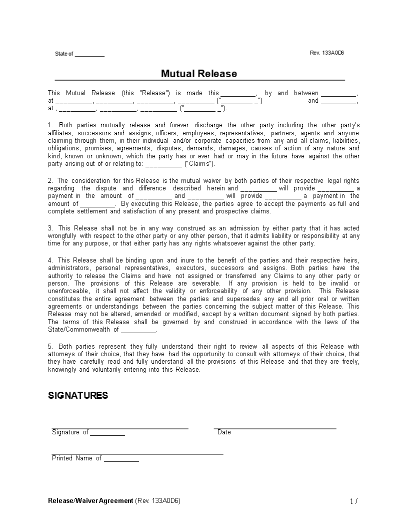 mutual release waiver agreement template