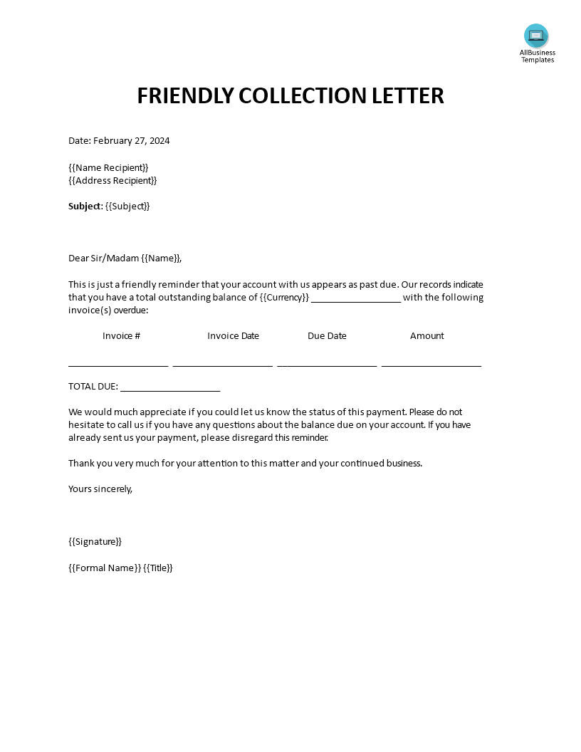 Kostenloses Friendly Collection Letter Sample For Past Due Letter Template
